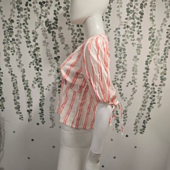 The Good Jane Striped Button Front Peplum Top Puff Sleeve NWOT Size Small (Measu - Picture 5 of 9